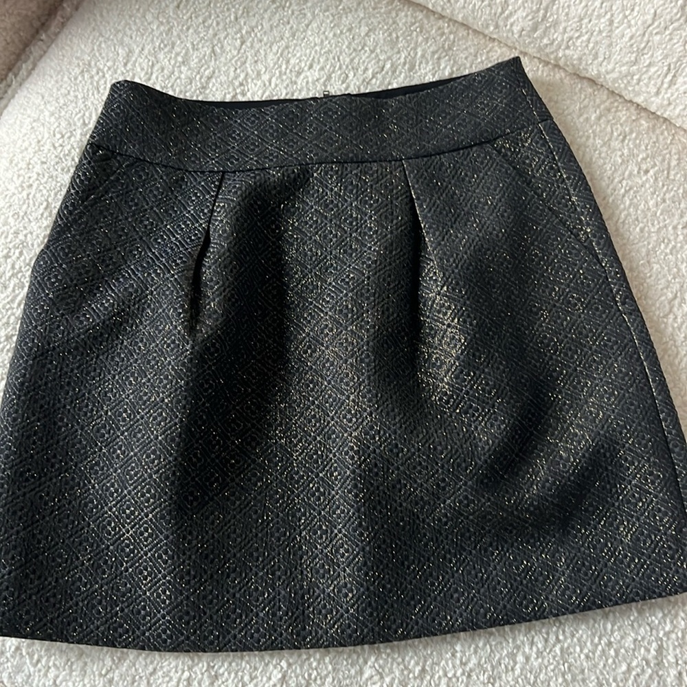 Ann Taylor LOFT Black Metallic Gold Jacquard A-Line Skirt Pockets